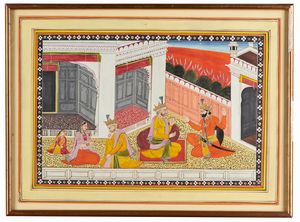 Arte Indiana - Miniatura raffigurante due regnanti a confronto India settentrionale, Pahari, inizio XX secolo Pigmenti e oro su carta