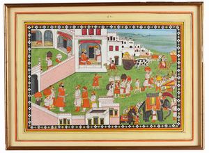 Arte Indiana - Miniatura raffigurante scena quotidiana fuori dal forte India settentrionale, Pahari, inizio XX secoloPigmenti e oro su carta