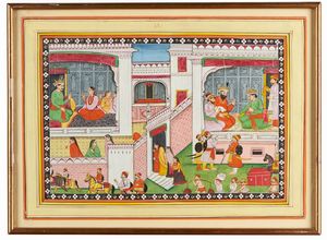 Arte Indiana - Miniatura raffigurante scena di corte India Settentrionale, Pahari, inizio XX secolo Pigmenti e oro su carta