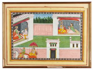 Arte Indiana - Miniatura raffigurante Krishna a palazzoIndia Settentrionale, Pahari, inizio XX secolo Pigmenti e oro su carta