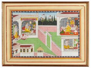 Arte Indiana - Miniatura raffigurante Shiva a palazzo India settentrionale, Pahari, inizio XX secolo Pigmenti e oro su carta