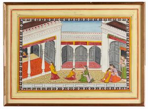 Arte Indiana - Miniatura raffigurante donne su terrazza India settentrionale, Pahari, inizio XX secolo Pigmenti e oro su carta