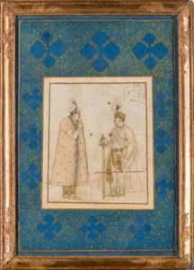 Arte Indiana - Miniatura raffigurante due nobili India, XIX secolo Inchiostro, colori e carta su oro in stile Kalam
