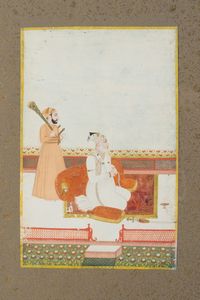 Arte Indiana - Miniatura indiana raffigurante un nobile durante la preghiera India settentrionale, fine XVIII - inizi XIX secolo Pigmenti opachi e oro su carta