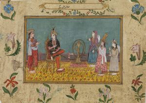 Arte Indiana - Miniatura raffigurante Ragini che fuma la huqqa India, Rajasthan, tardo XIX secolo Pigmenti e oro su carta