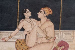Arte Indiana : Gruppo di tre miniature erotiche India, XIX e XX secoloPigmenti e oro su carta  - Asta ASTA ISLAMICA E INDIA (Tradizionale) - Associazione Nazionale - Case d'Asta italiane
