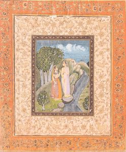 Arte Indiana - Miniatura raffigurante due donne nel bosco India, Mogul provinciale, XVIII - XIX secolo Pigmenti e oro su carta