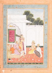 Arte Indiana - Miniatura ozio su terrazza India, Mogul provinciale o Deccan, XVIII secolo Pigmenti e oro su carta