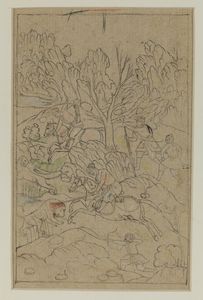 Arte Indiana - Disegno raffigurante una scena di cacciaIndia Mogul, XIX secolo
