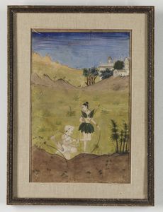 Arte Indiana - Miniatura con scena di forestaIndia, Bundi o Kotah, XVIII secolo Pigmenti naturali e oro su carta