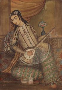 Arte Islamica - Dipinto raffigurante una musicante firmato LashkariPersia, inizio XX secolo