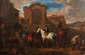 Pieter van Bloemen, detto lo Stendardo - Sosta di cavalieri presso un borgo