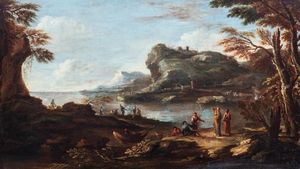 Atelier di Salvator Rosa (Napoli 1615  Roma 1673) - Paesaggio fluviale con pescatori e viandanti
