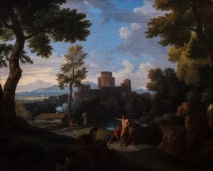 Jan Frans  van Bloemen, detto L'Orizzonte - Paesaggio laziale con la predica del Battista e borgo turrito sullo sfondo