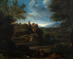Jan Frans  van Bloemen, detto L'Orizzonte - Paesaggio arcadico con pastori e armenti in primo piano e borgo turrito sullo sfondo