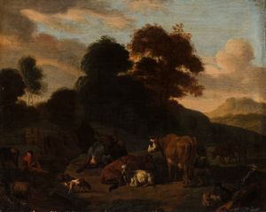 Cerchia di Nicolaes Berchem (Haarlem 1620  Amsterdam 1683) - Paesaggio con pastori e armenti