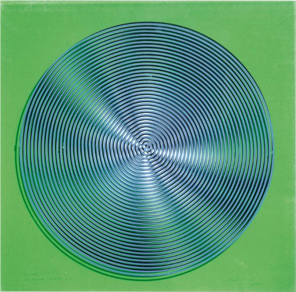 Progetto S2, dinamica visiva in azzurro e nero su verde sfumato bianco  - Asta Arte Contemporanea - Associazione Nazionale - Case d'Asta italiane