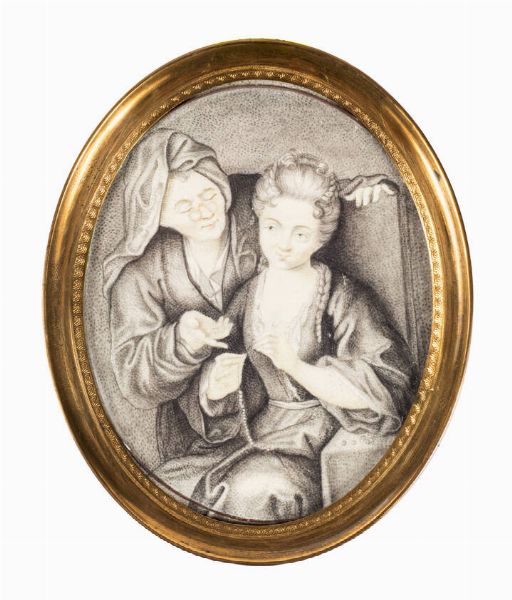 MINIATURA : Cm 9x7 (ovale) XVIII secolo  su carta  raffigurante un maestro che insegna ad una fanciulla a infilare le perle. Eseguito a grisaille  - Asta Asta 176 Dipinti e Arti Decorative - Associazione Nazionale - Case d'Asta italiane