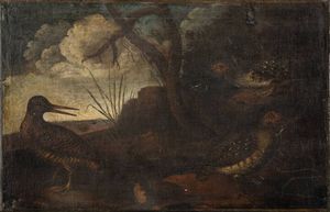 PITTORE ANONIMO - Paesaggio con quaglie XVII secolo
