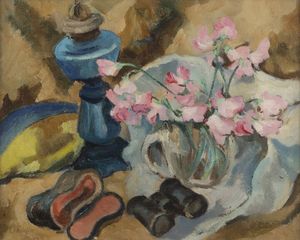 ROMANO REVIGLIO Cherasco (CN) 1928 - Natura morta con binocolo e vaso di fiori