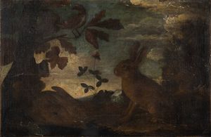 PITTORE ANONIMO - Paesaggio con lepri XVII secolo