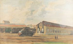 ADRIANO SICBALDI Bottrighe (RO) 1911 - 2007 Torino - Paesaggio con locomotive 1941