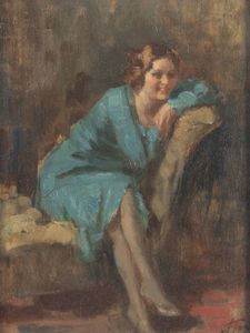 ATTILIO TORO Napoli 1892 - 1982 - Ritratto di donna sul divano