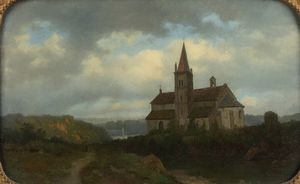 CARLO PIACENZA Torino 1814 - 1887 - Paesaggio con chiesa