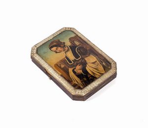 SCATOLA DA CUCITO - Cm 15x20 XIX secolo  in legno dipinto con donna in costume. Sttrumenti per il cucito in argento. Difetto alla  [..]