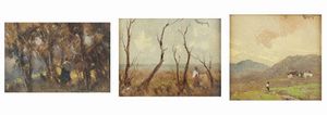 LOTTO DI TRE DIPINTI - a- Lorenzo Gignous  Paesaggio  10x10 olio su cartoncino. Opera firmata in alto a destra.  Gi collezione Antiquario  [..]