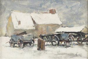 GIOVANNI GILLI Moncalieri (TO) 1870 circa - ? - Paesaggio con neve e carretti