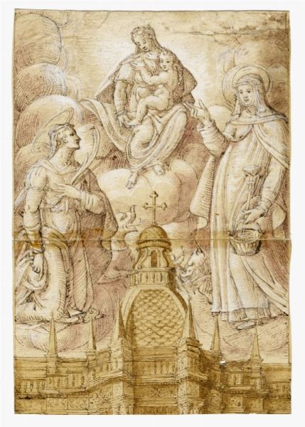 La Madonna col Bambino e due sante patrone in cielo sopra una basilica.  - Asta Grafica & Libri - Associazione Nazionale - Case d'Asta italiane