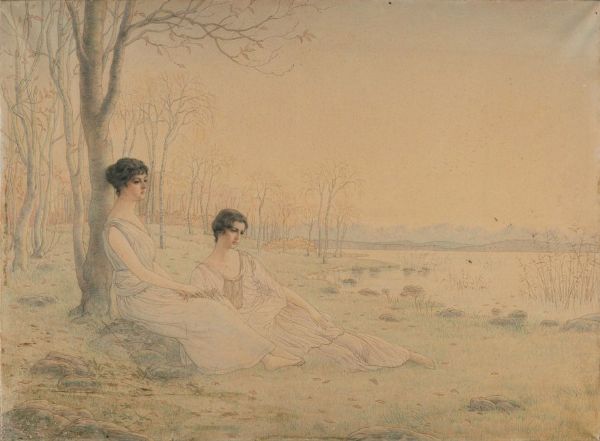 Due figure femminili in contemplazione davanti a un lago.  - Asta Grafica & Libri - Associazione Nazionale - Case d'Asta italiane