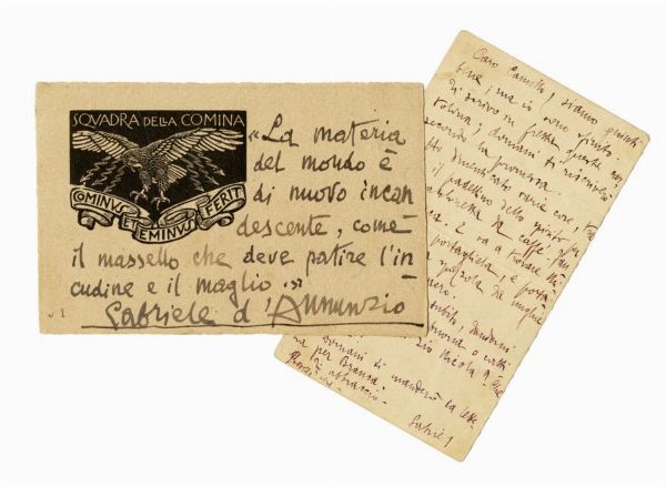 Gabriele D'Annunzio : 2 cartoline autografe firmate.  - Asta Grafica & Libri - Associazione Nazionale - Case d'Asta italiane