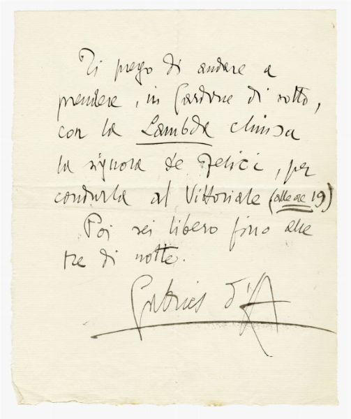 Gabriele D'Annunzio : Lettera autografa firmata.  - Asta Grafica & Libri - Associazione Nazionale - Case d'Asta italiane