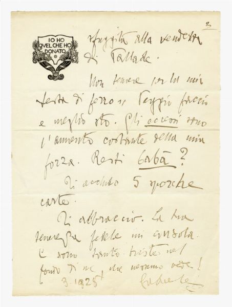 Gabriele D'Annunzio : Lettera autografa firmata inviata a Maria D'Annunzio.  - Asta Grafica & Libri - Associazione Nazionale - Case d'Asta italiane