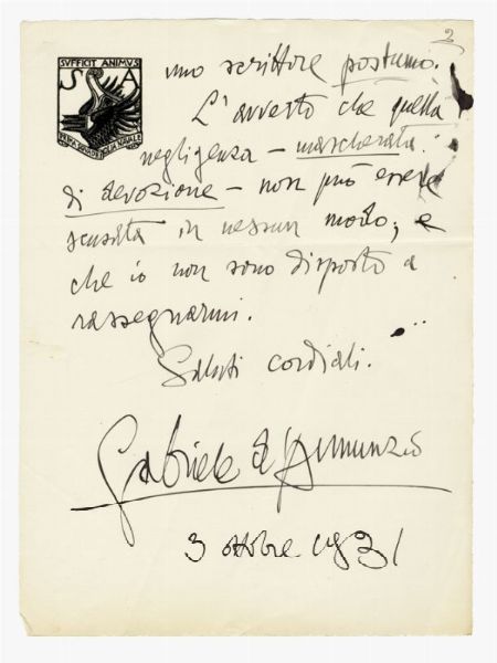 Gabriele D'Annunzio : Lettera autografa firmata inviata al Comm. Giovanni Rizzo.  - Asta Grafica & Libri - Associazione Nazionale - Case d'Asta italiane