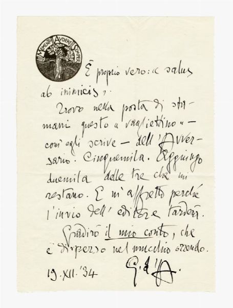 Gabriele D'Annunzio : Lettera autografa siglata inviata a Letizia De Felici.  - Asta Grafica & Libri - Associazione Nazionale - Case d'Asta italiane