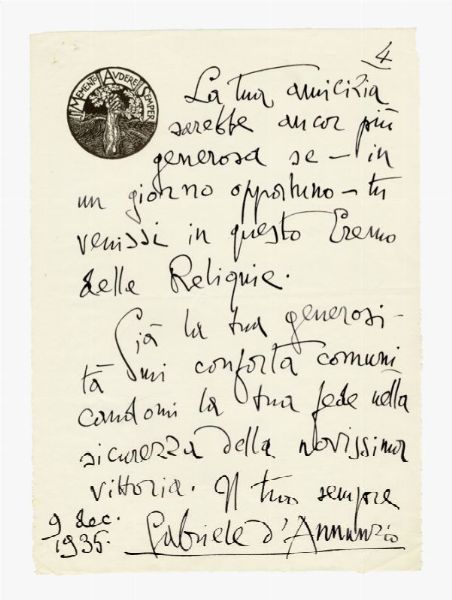 Gabriele D'Annunzio : Lettera autografa firmata inviata ad Achille Starace.  - Asta Grafica & Libri - Associazione Nazionale - Case d'Asta italiane