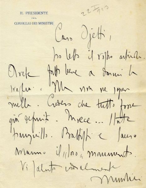 BENITO MUSSOLINI : Lettera autografa firmata inviata a Ugo Ojetti.  - Asta Grafica & Libri - Associazione Nazionale - Case d'Asta italiane