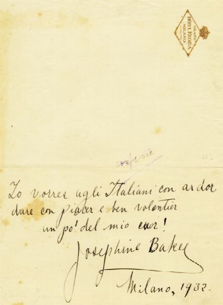 JOSEPHINE BAKER : Annotazione autografa firmata.  - Asta Grafica & Libri - Associazione Nazionale - Case d'Asta italiane