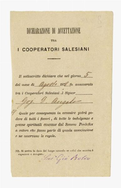 GIOVANNI (SANTO) BOSCO : Firma autografa su dichiarazione di accettazione.  - Asta Grafica & Libri - Associazione Nazionale - Case d'Asta italiane