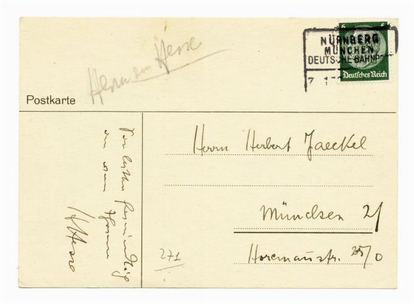 HERMANN HESSE : Cartolina autografa firmata inviata a Herbert Jaeckel, Monaco.  - Asta Grafica & Libri - Associazione Nazionale - Case d'Asta italiane