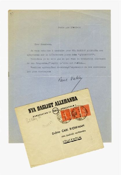 PAUL VALRY : Lettera dattiloscritta con firma autografa inviata a Carl Bjorkman.  - Asta Grafica & Libri - Associazione Nazionale - Case d'Asta italiane