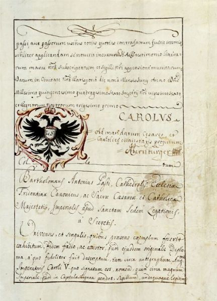 Diploma di nobilt conferito dall'imperatore Carlo V a Joannem de Thadeis.  - Asta Grafica & Libri - Associazione Nazionale - Case d'Asta italiane