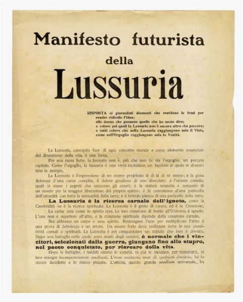 VALENTINE SAINT-POINT VALENTINE DE : Manifesto futurista della lussuria.  - Asta Grafica & Libri - Associazione Nazionale - Case d'Asta italiane
