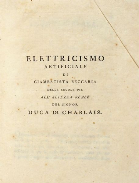 GIAMBATTISTA BECCARIA : Elettricismo artificiale.  - Asta Grafica & Libri - Associazione Nazionale - Case d'Asta italiane