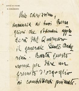 Gabriele D'Annunzio - Lettera autografa firmata inviata al Comandante del 43 Battaglione.