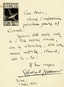 Gabriele D'Annunzio - Lettera autografa firmata inviata a Riccardo Gigante, podest di Fiume.