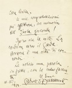 Gabriele D'Annunzio - Lettera autografa firmata inviata a a 'Suor Cecilia dell?Isola gioiosa'.